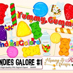 CANDIES GALORE #1 Digital Clipart, High Quality 300DPI Elements, Candy, Sweets, Sugar, Gum Drop, Bear, Sucker, Word Art, Jar Sprinkles Gummy