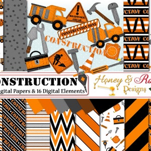 COSTRUZIONE Digtal Papers & Clipart, 12" x 12", JPEG di alta qualità, 300 DPI, Elementi PNG, Strumenti, Camion, Zona, Chevron, Cartello di lavoro, Martello