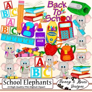 Digitale Cliparts mit Schulelefanten, hochwertige 300-DPI-Elemente, Tiere, Schulanfang, Buntstifte, Bausteine, Rucksack, Buch, Unterricht, ABC-Alphabet