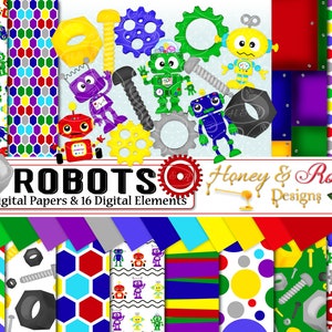 Pode incluir: Um pacote de papel digital com 24 padrões coloridos e 16 ilustrações de robôs. Os padrões incluem hexágonos, bolinhas, listras e engrenagens. Os robôs estão em várias cores e poses. O texto "ROBOTS Honey & Roses Designs" está na parte superior da imagem.