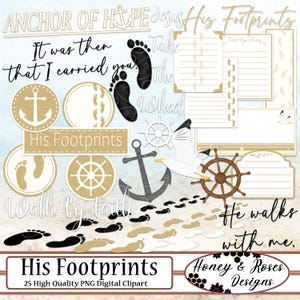SEINE FUSSABDRÜCKE Digitale Clipart, hochwertige 300 DPI Elemente, Gott, Jesus, religiös, Wortkunst, Gedicht, Anker, Rad, Strand, Notizkartenaufkleber