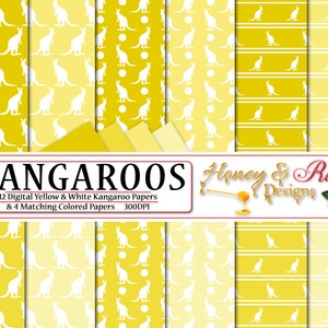 Papiers numériques kangourous jaune et blanc, fichiers JPEG haute qualité 12 x 12 po, kangourou, marsupial, Joey, faune, silhouette animaux à pois