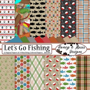 May include: A set of 12 digital papers and 9 matching colored papers with a fishing theme. The papers feature various patterns including fish, fishing lures, and geometric designs in shades of blue, green, brown, red, and white. The text "Let's Go Fishing" and "Honey & Roses Designs" is included in the image.
