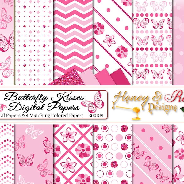 BUTTERFLY KISSES Digital Papers, 12" x 12" High Quality JPEGs, Butterflies, Kiss, Flower, Glitter Paper, Pink, Silhouettes, Chevron Design