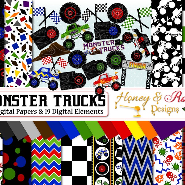 MONSTER TRUCKS Digtal Papers & Clipart, 12" x 12" High Quality JPEGs, 300DPI Elements Truck Racing Monster Cars Tires Monster Truck, Pattern