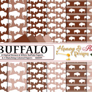 May include: Twelve digital papers featuring a white buffalo silhouette on a brown background. Four additional papers feature a brown buffalo silhouette on a white background. The papers have different patterns, including polka dots, stripes, and solid colors. The text "BUFFALO" is displayed in a red banner at the top of the image. The text "Honey & Roses Designs" is displayed in a white banner at the bottom of the image.