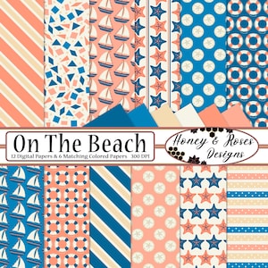 NA PLAŻY Papiery cyfrowe, 12" x 12" Wysokiej jakości pliki JPEG, Morze, Ocean, Muszla morska, Małż, Ostryga, Perła, Latarnia morska, Dolar piaskowy, Zamek, Gwiazda
