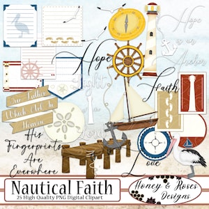 Clipart digitale FEDE NAUTICA, elementi di alta qualità a 300 DPI, Dio, Gesù, religioso, Word Art, ancora, ruota, faro, adesivo per biglietti di auguri