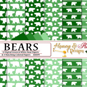 BÄREN Digitale Papiere grün & weiß, 12 &quot;x 12&quot; hochwertige JPEG-Dateien, Bär, Wildtiere, Tier, Tiere, Wald, Polkadots, Teddy, Silhouette