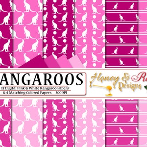 Papiers numériques kangourous rose et blanc, fichiers JPEG haute qualité 12 x 12 po, kangourou, marsupial, Joey, faune, animal, pois, silhouette