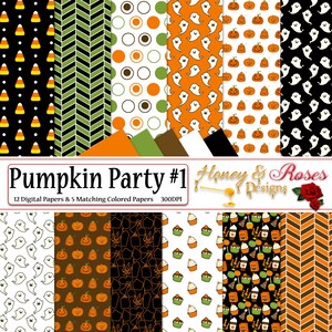 May include: A set of 12 digital papers and 5 matching colored papers with a Halloween theme. The papers feature various patterns including pumpkins, ghosts, candy corn, chevron stripes, and polka dots. The text "Pumpkin Party #1 Honey & Roses Designs" is at the top of the image.