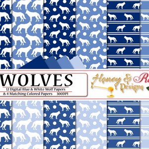 WOLVES Digital Papers Blue & White, 12&quot; x 12&quot; High Quality JPEG Files, Wolf, Wildlife, Animal, Animals, Forest, Polkadots, Dog, Silhouette