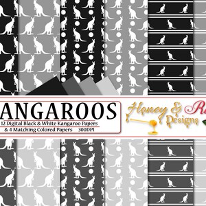 Papiers numériques kangourous noir et blanc, fichiers JPEG haute qualité 12 x 12 po, kangourou, marsupial, Joey, faune, animal, silhouette à pois
