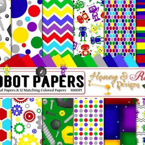 Puede incluir: Un conjunto de 12 papeles digitales y 12 papeles de color a juego con un tema de robots. Los papeles incluyen patrones de robots, engranajes, tuercas, tornillos, hexágonos, lunares, rayas y zigzags en varios colores. Los papeles son de 300 DPI.