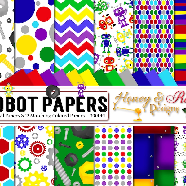 ROBOTS Digital Papers, 12" x 12" High Quality JPEGs, Robot, Gear, Screw, Bolts, Hexagon, Polka Dots, Chevron, Design Pattern, Robo, Metallic