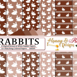 CONIGLI Digital Papers Marrone e Bianco, File JPEG di alta qualità 12" x 12", Coniglio, Coniglietto, Animale, Animali, Coniglio selvatico, Silhouette a pois