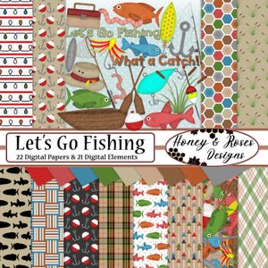 LET&#39;S GO FISHING Digtal Papers & Clipart, 12&quot; x 12&quot; High Quality JPEGs, 300DPI Elements, Fish, Trip, Pond, Lake, Hunt, Camping, Hunting Boat