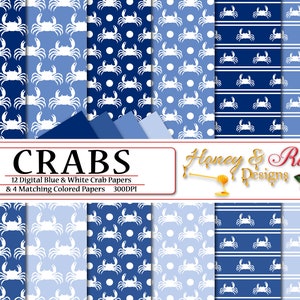 CRABS Digital Papers Blau & Weiß, 12 "x 12" hochwertige JPEG-Dateien, Krabbe, Leben im Meer, Meer, Strand, Tier, Tiere, Polkadots Silhouette
