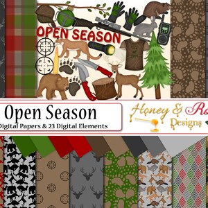 TEMPORADA ABIERTA. Papeles digitales y clipart, JPEG de alta calidad de 30 x 30 cm, elementos de 300 DPI, caza, cazador, animal, vida silvestre, camping, bosque, oso.
