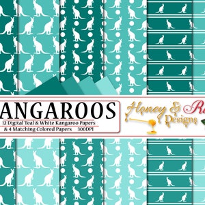 Papiers numériques kangourous bleu sarcelle et blanc, fichiers JPEG haute qualité 12 x 12 po, kangourou, marsupial, Joey, faune, animal, pois, silhouette