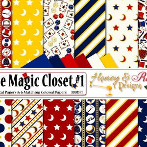 THE MAGIC CLOSET #1 Digitale Papiere, 12 "x 12" High Quality JPEGs, Magier, Magie, Sterne, Mond, Nacht, Kaninchen, Zauberstab, Umhang, Zylinder