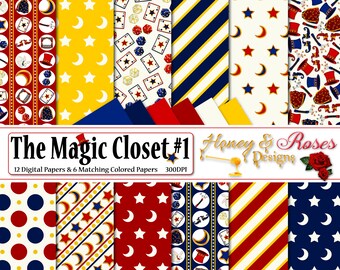 THE MAGIC CLOSET #1 Papeles digitales, 12" x 12", JPEG de alta calidad, mago, mágico, estrellas, luna, noche, conejo, varita, capa, sombrero de copa