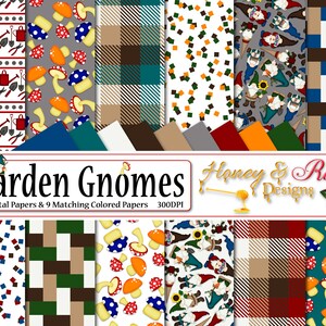 GNOMI DA GIARDINO Carte digitali, JPEG di alta qualità 12" x 12", Gnomo, Giardinaggio, Fiori, Pala, Annaffiatoio, Fungo, Attrezzi, Plaid, Pianta