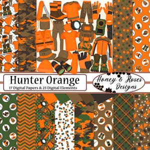 HUNTER ORANGE Digtal Papers & Clipart, 12&quot; x 12&quot; High Quality JPEGs, 300DPI Elements, Hunt, Hunting, Camping, Hiking, Fishing, Gear, Forest