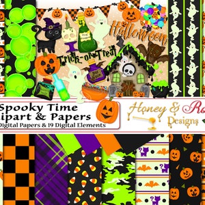 SPOOKY TIME Digtal Papers & Clipart, 12" x 12" Wysokiej jakości pliki JPEG, Elementy 300 DPI, Zestaw na Halloween, Duch, Dynia Nietoperz, Nawiedzony dom, Mikstura