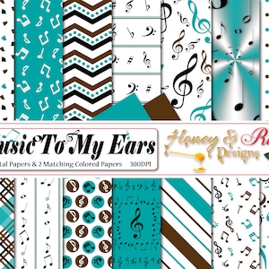 MUZIEK Digitaal papier, 12 x 12 inch, JPEG's van hoge kwaliteit, Musical, Muzieknoten, Ontwerp, Patroon, Muziekpapier, Blauwbruin, Zwart, Chevron-toets