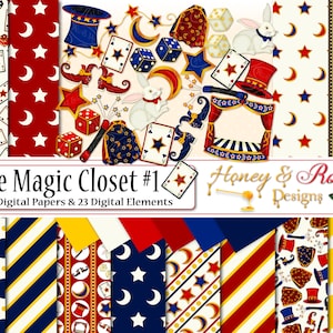 Clipart et papiers numériques THE MAGIC CLOSET #1, JPEG haute qualité 12 x 12 po, éléments 300 DPI, magicien, lune, étoiles, carnaval, chapeau, cartes baguette