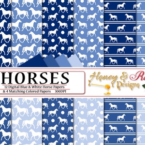 CHEVAUX Papiers numériques bleu et blanc, fichiers JPEG haute qualité 12 x 12 po, cheval, faune, animal, animaux, western, silhouette poney à pois