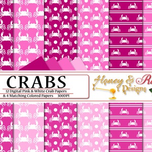 CRABS Digitale Papiere Pink & Weiß, 12 "x 12" hochwertige JPEG-Dateien, Krabbe, Leben im Meer, Meer, Strand, Tier, Tiere, Polkadots Silhouette
