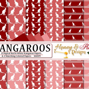 Papiers numériques kangourous rouge et blanc, fichiers JPEG haute qualité 12 x 12 po, kangourou, marsupial, Joey, faune, animal, pois, silhouette