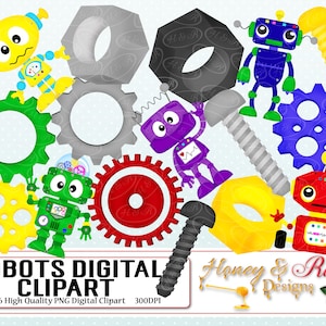 Pode incluir: Conjunto de clipart digital de 16 ilustrações de robôs coloridos com engrenagens, parafusos e porcas. Os robôs são de várias cores, incluindo vermelho, azul, verde, roxo e amarelo. O clipart é perfeito para criar designs divertidos e caprichosos para projetos infantis, artesanato e muito mais.
