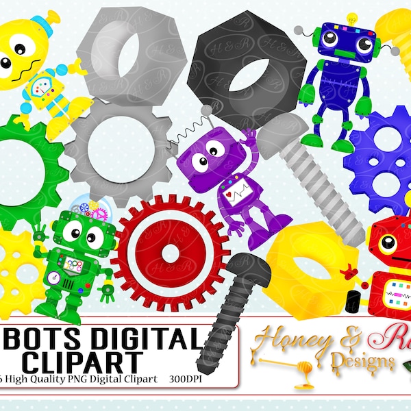 ROBOTS Digital Clipart, High Quality 300DPI Elements, Robot Elements, Robo Clipart, Gears, Bolts and Screws, Metals, Metallic, Key, Gadgets