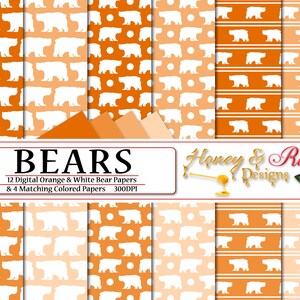 BÄREN Digitale Papiere Orange & Weiß, 12 &quot;x 12&quot; hochwertige JPEG-Dateien, Bär, Wildtiere, Tier, Tiere, Wald, Polkadots, Teddy Silhouette