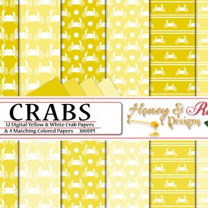 CRABS Digital Papers Gelb & Weiß, 12 "x 12" hochwertige JPEG-Dateien, Krabbe, Leben im Meer, Meer, Strand, Tier, Tiere, Polkadots Silhouette