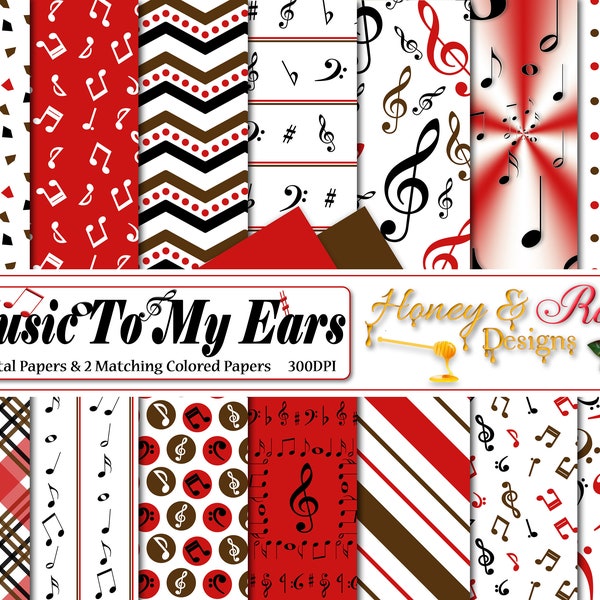 MUSIC Digital Papers, 12" x 12", High Quality JPEGs, Musical, Music Notes, Design, Pattern, Music Paper, Red Brown, Black, Chevron, Note Key