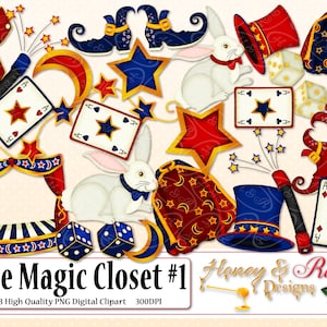 THE MAGIC CLOSET #1 digitale clipart, hoogwaardige 300 dpi elementen, goochelaar, kaarten, toverstaf, hoge hoed, konijn, sterren, maan, toneel, dobbelstenen, mantel