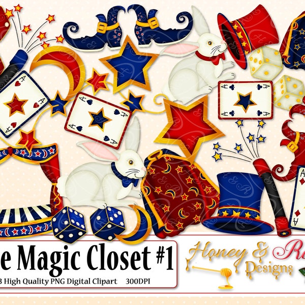 THE MAGIC CLOSET #1 Digital Clipart, High Quality 300DPI Elements, Magician, Cards, Wand, Top Hat, Rabbit, Stars, Moon, Stage, Dice, Cloak
