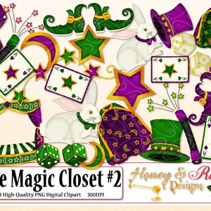 Clipart numérique LE PLACARD MAGIQUE #2, éléments 300 DPI de haute qualité, magicien, cartes, baguette magique, chapeau haut de forme, lapin, nuit, scène, étoile de cape de dés
