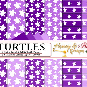 TURTLES Digital Papers Purple & White, 12" x 12" High Quality JPEG Files, Turtle, Tortoise, Animal, Animals, Ocean, Polkadots Sea Silhouette