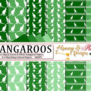 Papiers numériques kangourous vert et blanc, fichiers JPEG haute qualité 12 x 12 po, kangourou, marsupial, Joey, faune, animal, silhouette à pois
