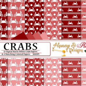 CRABS Digital Papers Red & White, 12&quot; x 12&quot; High Quality JPEG Files, Crab, Sea Life, Ocean, Beach, Animal, Animals, Polkadots Silhouette