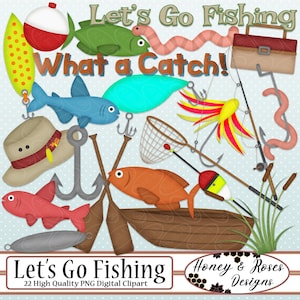 LET&#39;S GO FISHING Digital Clipart, High Quality 300DPI Elements, Fish, Trip, Lake, Pond, Camping, Hunting, Hiking, Gear, Sportsman Tackle Box