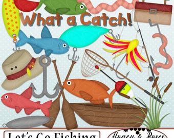 LET'S GO FISHING Cyfrowe Clipart, Wysokiej Jakości 300 DPI Elementy, Ryby, Wycieczka, Jezioro, Staw, Kemping, Polowanie, Piesze Wycieczki, Sprzęt, Skrzynka na Sprzęt Sportowy