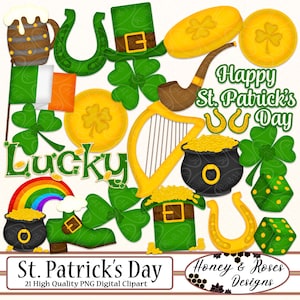 ST. PATRICK'S DAY Digital Clipart, hochwertige 300 DPI-Elemente, St. Paddy's Day, Kleeblatt, Topf voller Gold, Koboldgold, Hut-Würfelmünze