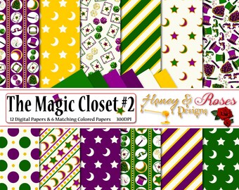 THE MAGIC CLOSET #2 Papeles digitales, 12" x 12" JPEG de alta calidad, mago, mágico, estrellas, luna, noche, conejito, cartas con varita, dados, sombrero de copa