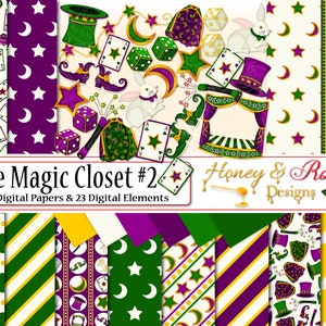THE MAGIC CLOSET #2 Papiers numériques et cliparts, JPEG haute qualité 12 x 12 po, éléments 300 DPI, magicien, lune, étoiles, carnaval, chapeau, cartes baguette
